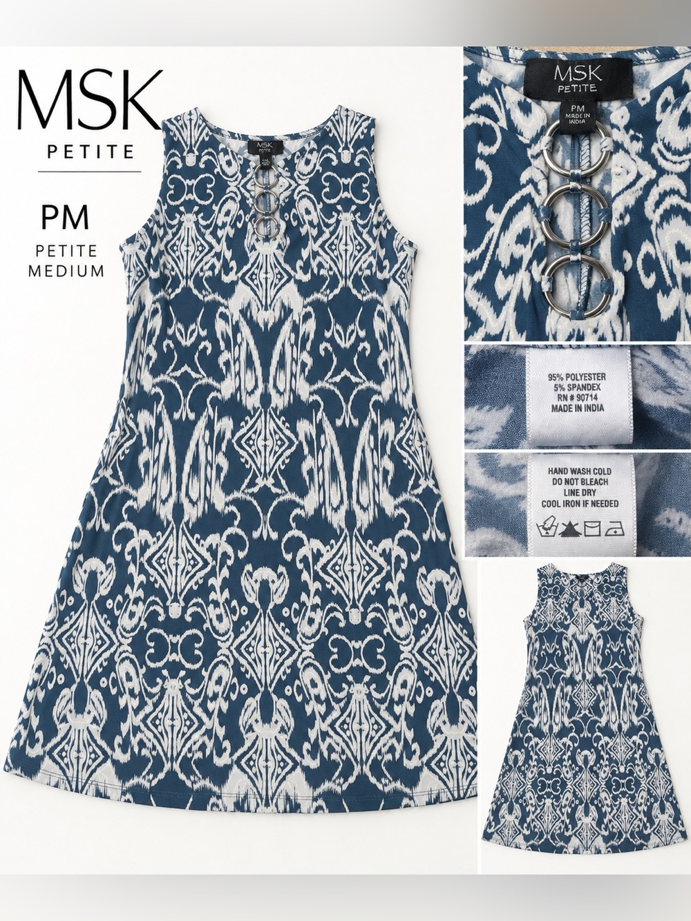 MSK Petite Blue White Print A-Line Dress PM Ring Neckline
